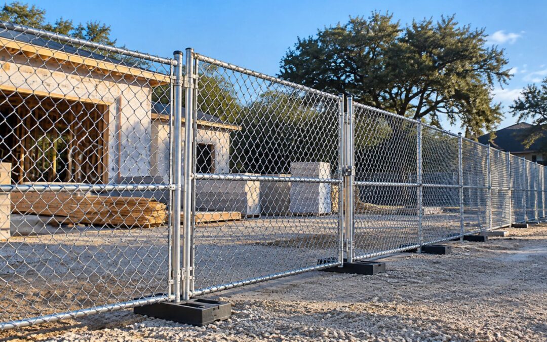 Temporary chain-link fence panels with weighted bases surrounding a construction site.